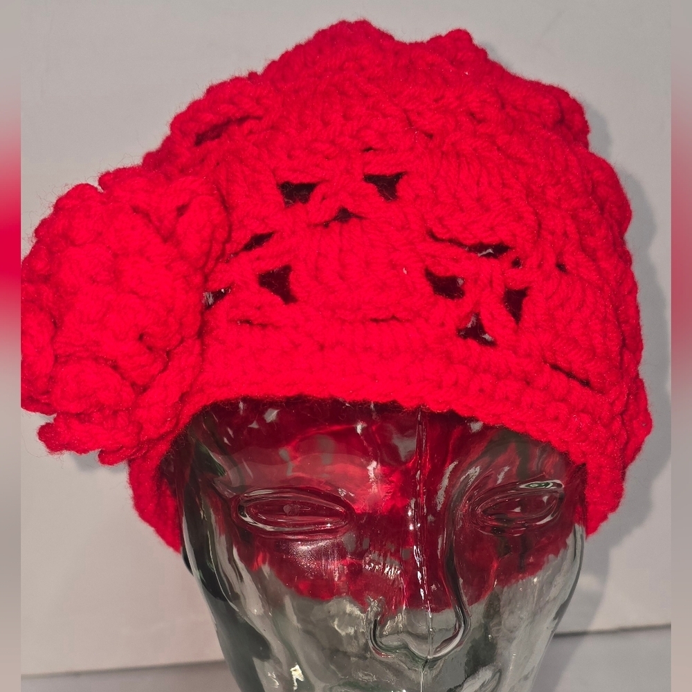 Handmade Knit Adult Red Beanie Hat with Crocheted Red Rose